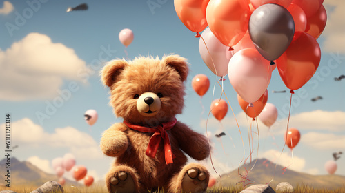 Cute little bear with balloons. cute cuddly teddy bear and balloon. generative ai