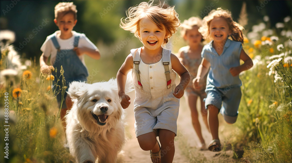 Happy kids and Labrador dog are running together towards camera Happy kids and Labrador dog are running together towards camera