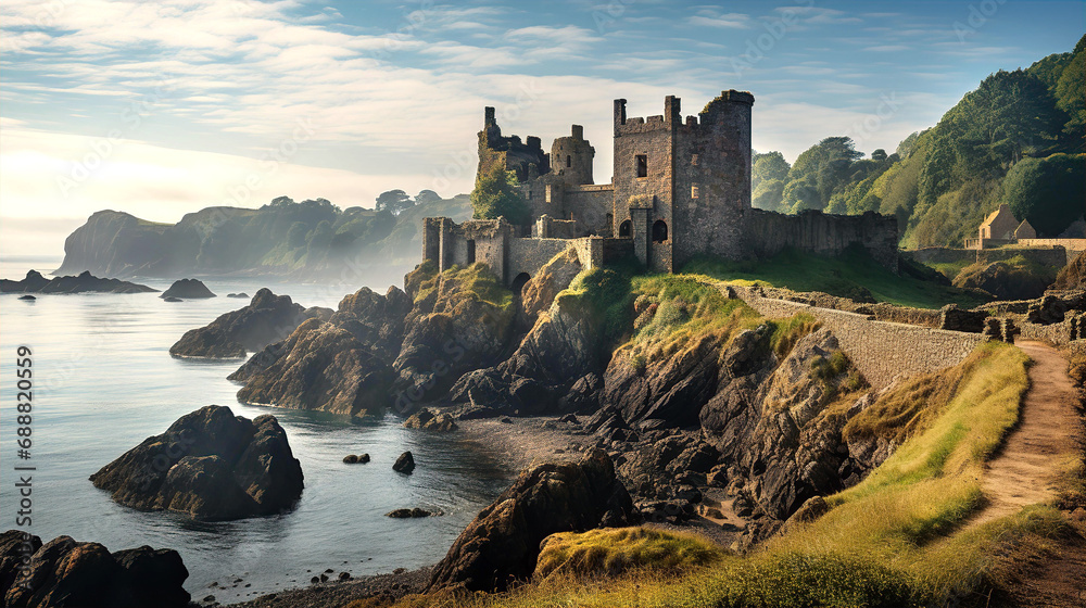 Beautiful landscape with Ruins of medieval English castle staying on rocks at the seaside  - obrazy, fototapety, plakaty 