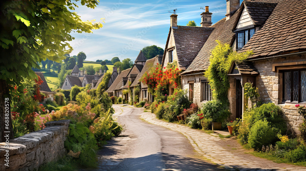 Beautiful idyllic old English village street with cottages made of stone and front garden with flowers - obrazy, fototapety, plakaty 