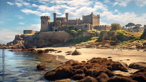 Beautiful landscape with Ruins of medieval English castle staying on rocks at the seaside 