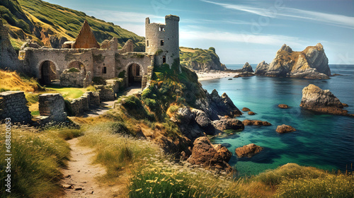 Beautiful landscape with Ruins of medieval English castle staying on rocks at the seaside  #688820553