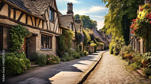 Beautiful idyllic old English village street with cottages made of stone and front garden with flowers
