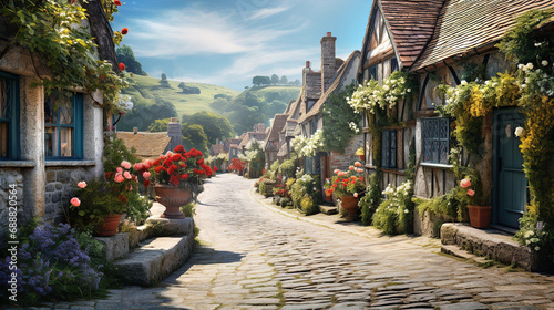 Beautiful idyllic old English village street with cottages made of stone and front garden with flowers photo