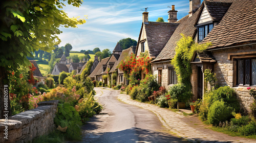 Beautiful idyllic old English village street with cottages made of stone and front garden with flowers photo