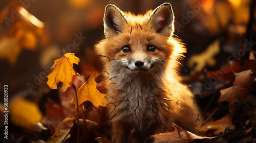 Cute Red Fox, Vulpes vulpes in fall forest. Beautiful animal in the nature habitat. generative ai © Witri