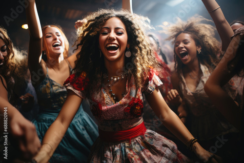 Joyful women radiate energy and beauty as they dance under the sun, their vibrant clothes swaying to the beat at an outdoor music festival