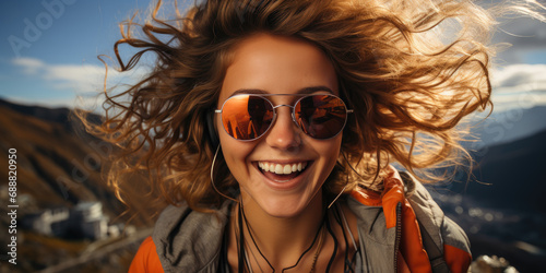 A fashionable woman with a cool surfer hair and a bright smile, wearing sunglasses and enjoying the sunny sky and mountain scenery outdoors © Larisa AI