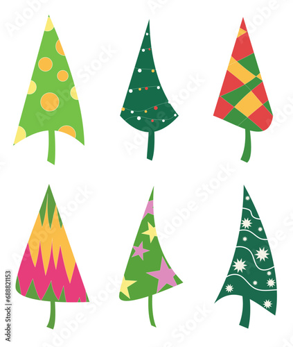 Collection of Christmas colorful trees. New Year decoration. Christmas set tree. Elements for design. 