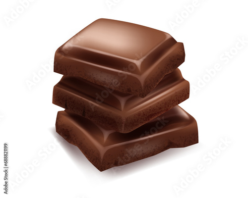 Chocolate. Pieces, shavings. 3D realistic vector set, horizontal and vertical splash of chocolate