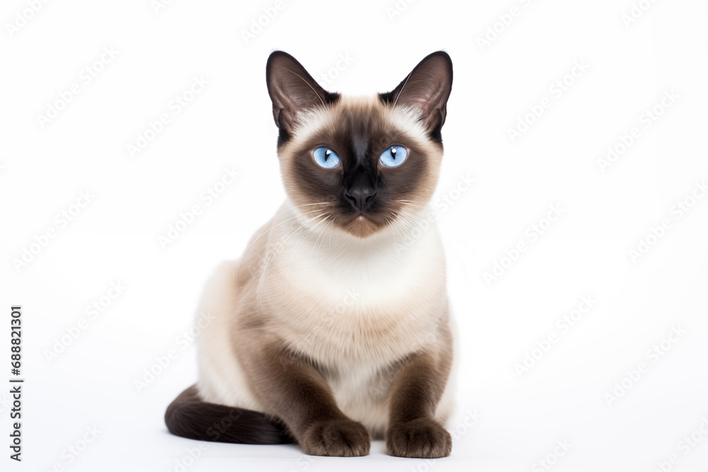 Full size portrait of Siamese cat isolated on white background