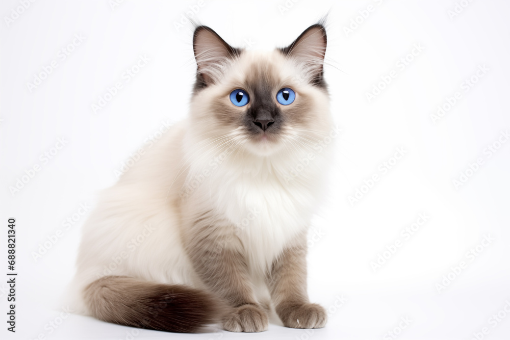 Full size portrait of Ragdoll cat kitten isolated on white background