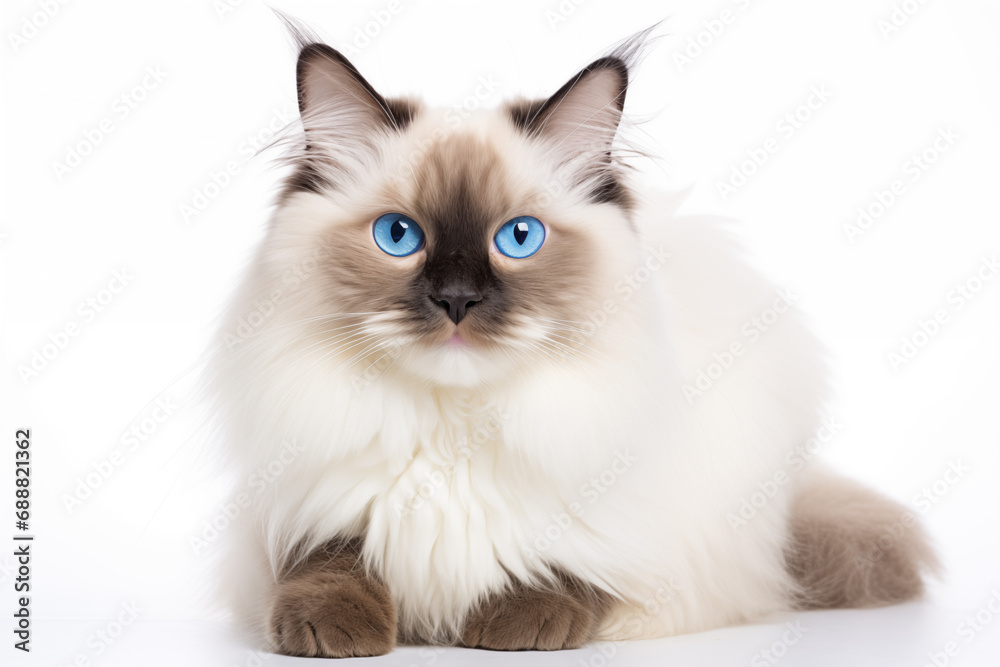 Full size portrait of Ragdoll cat isolated on white background