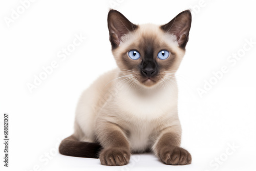 Full size portrait of Siamese cat kitten isolated on white background