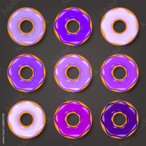 Donut, begel with cream. Cookies,cookie cake set. Sweet dessert with sugar and caramel. Tasty breakfast cooking. Cafateria food, snack. Coffee shop.Vector illustration.