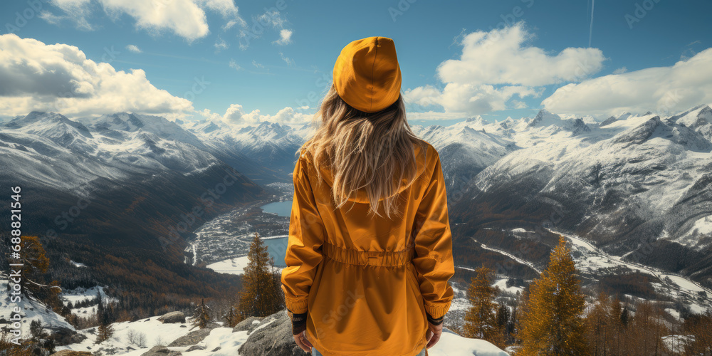 A fearless adventurer braves the snowy mountains, standing in awe as she gazes upon the vast, untouched valley below, her bright yellow coat a symbol of determination and strength against the winter 