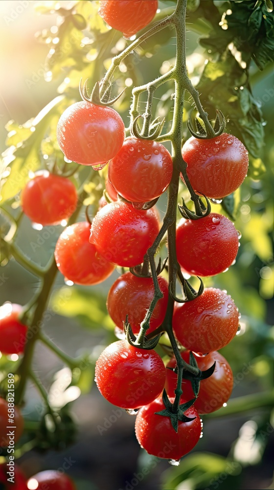 Obraz premium tomatoes with dew hanging on a branch