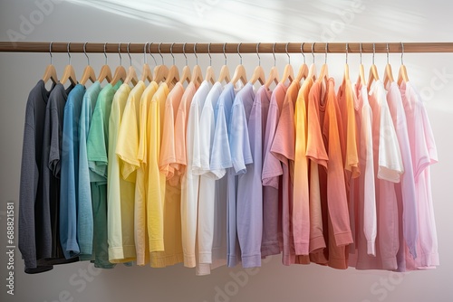 different colors of shirts hanging on a hanger,