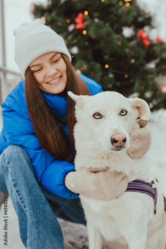 A beautiful young girl hugging her white dog in winter, Festive New Year's mood, happy woman with a dog at Christmas time A beautiful young girl hugging her white dog in winter, Festive New Year's mood, happy woman with a dog at Christmas time