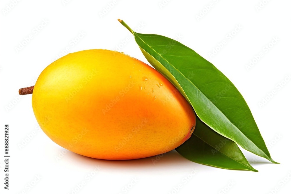 Ripe yellow mango with leaves isolated on white background.