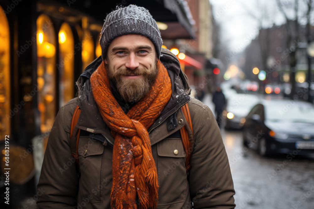 A rugged man sporting a warm hat and scarf braves the wintry streets, his beard and moustache adding to his rugged appeal as he walks alongside a car-lined street in the bustling city, exuding a sens A rugged man sporting a warm hat and scarf braves the wintry streets, his beard and moustache adding to his rugged appeal as he walks alongside a car-lined street in the bustling city, exuding a sens