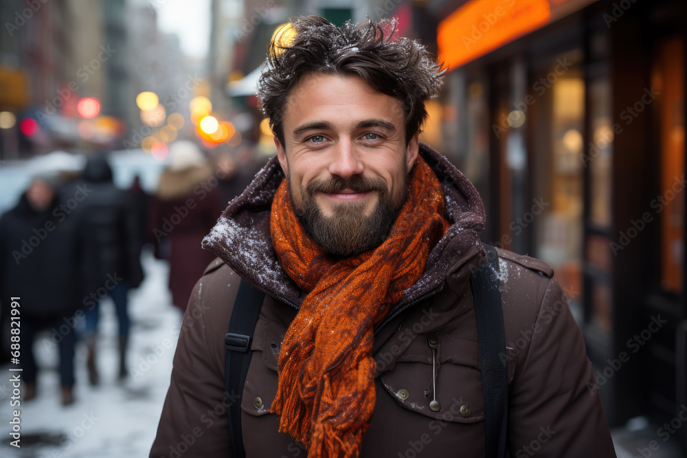 Fototapeta premium A stylish man braves the chilly city streets, his face adorned with a warm scarf and his beard and moustache adding a touch of rugged charm, all while sporting a fashionable jacket and coat combinati