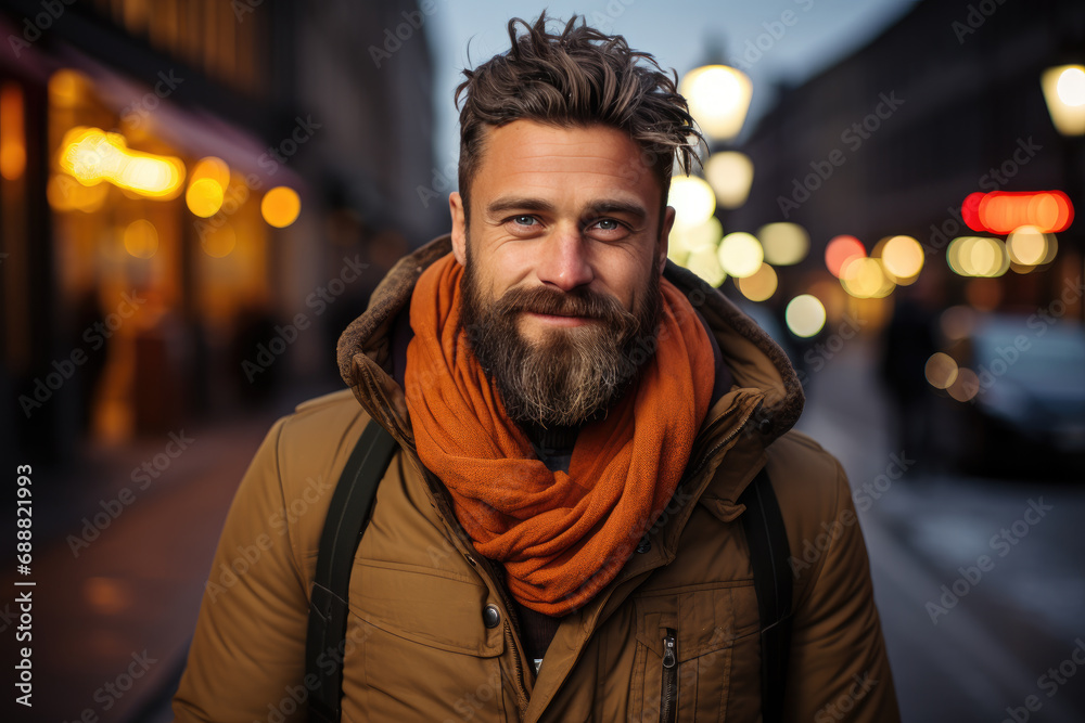 A rugged man with a thick beard and warm scarf braves the cold city streets, his moustache peeking out from under his jacket as he gazes confidently at the bustling buildings around him A rugged man with a thick beard and warm scarf braves the cold city streets, his moustache peeking out from under his jacket as he gazes confidently at the bustling buildings around him
