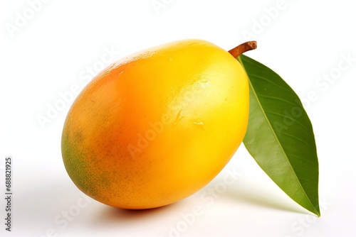 Ripe yellow mango with leaves isolated on white background.