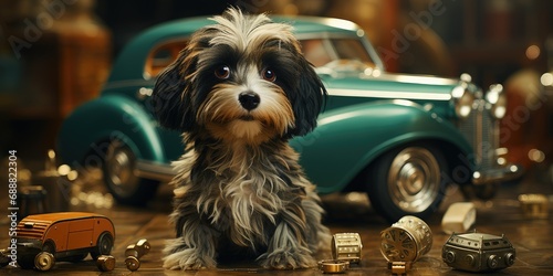 A playful terrier pup eagerly watches over a miniature toy car, eager to embark on an indoor adventure