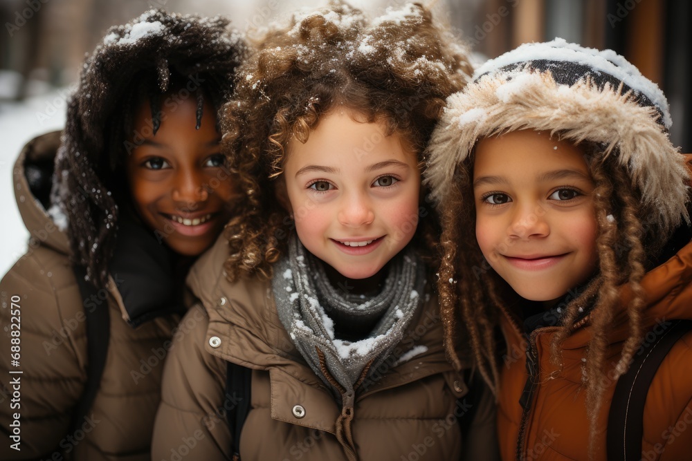 A joyful group of young children bundled up in warm winter clothing ...