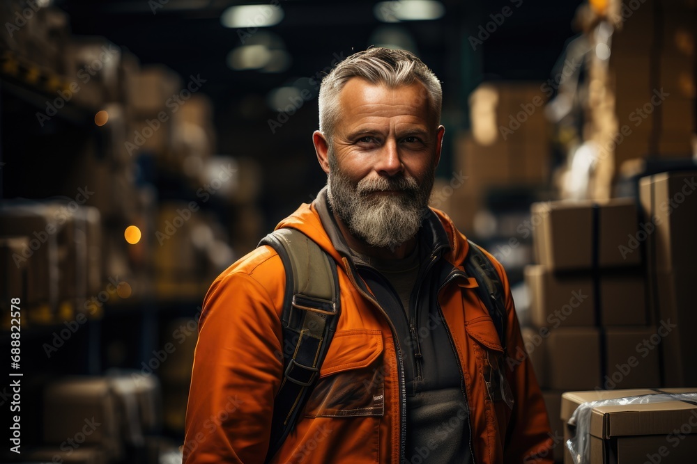 A stylish man with a rugged beard stands confidently on the street, wearing an eye-catching orange jacket that reflects his bold and adventurous personality