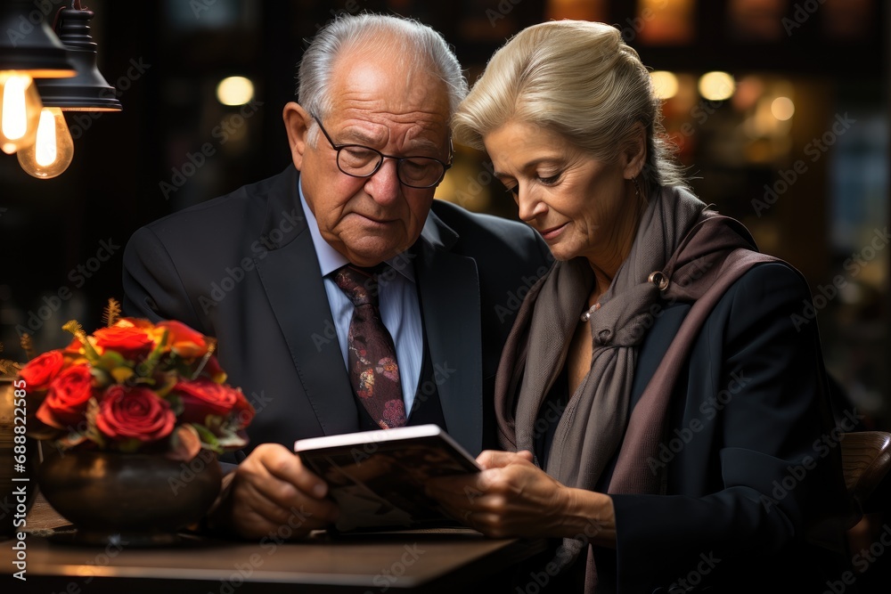 A dapper man and elegant woman admire a digital bouquet on a tablet, their faces reflecting awe and appreciation as they sit at an indoor table surrounded by a vase of real flowers