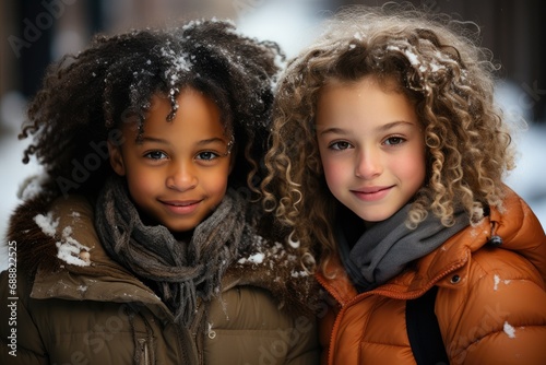 Two young girls embrace in the snow  their faces beaming with joy as they share the warmth of their jackets and the beauty of winter together