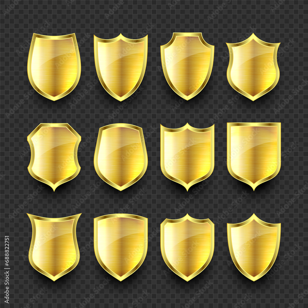Set of various vintage 3d metal shield icons. Shiny golden heraldic shields. Black protection and security symbol, label. Vector illustration - obrazy, fototapety, plakaty 