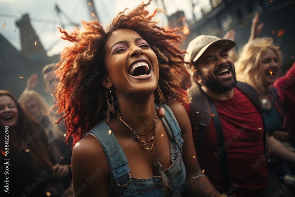 A joyous woman stands in the midst of a vibrant festival, surrounded by a lively group of people, her face adorned with a bright smile and stylish clothing and accessories