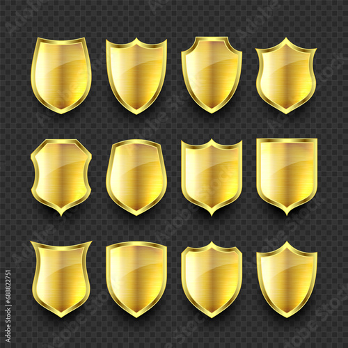 Set of various vintage 3d metal shield icons. Shiny golden heraldic shields. Black protection and security symbol, label. Vector illustration photo