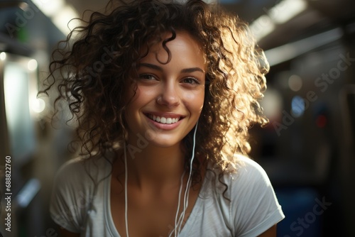 A joyful lady with long, curly brown hair wearing earphones, beaming a bright smile while showing off her stunning jheri curl and adorned with a ringlet earring, creating a captivating portrait of a 