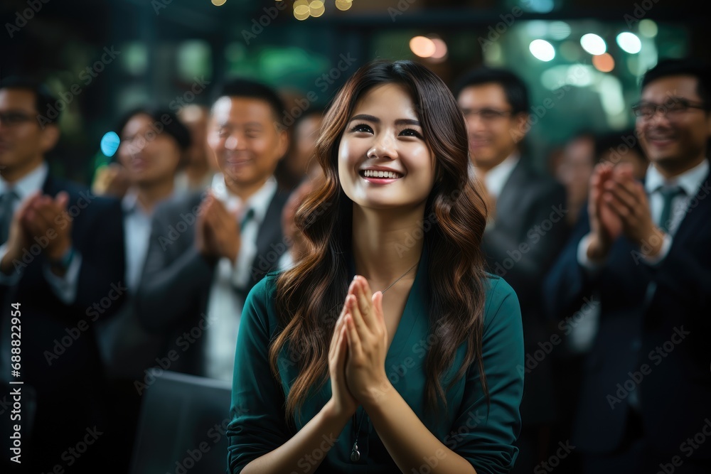 Fototapeta premium A woman in a stunning green dress captivates the room with her infectious smile and enthusiastic applause, surrounded by a sea of well-dressed individuals at a formal event