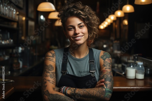 A bold and rebellious girl adorned with intricate ink, sits confidently in a dimly lit bar, showcasing her unique identity through her tattoos