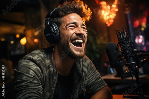 A joyous man wearing headphones laughs in the midst of a concert, his face illuminated with the purest form of music © Larisa AI