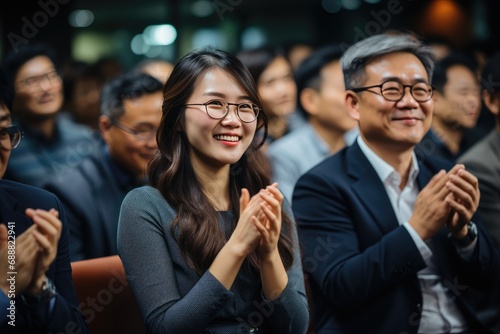 A well-dressed man and woman, both wearing glasses and sporting warm smiles, lead a group of people in a spirited round of applause at an indoor event focused on vision care