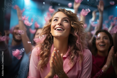A joyous woman in a vibrant pink shirt exudes pure happiness as she dances to the music at an indoor event, her hands raised in celebration