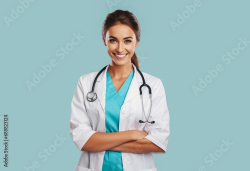  A medical concept featuring a beautiful doctor in a white coat with a stethoscope, also representing a medical student. The hospital worker smiles at the camera in a studio with a blue background.