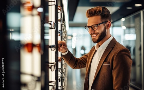 Male customer selecting optical eyewear while visiting shop photo