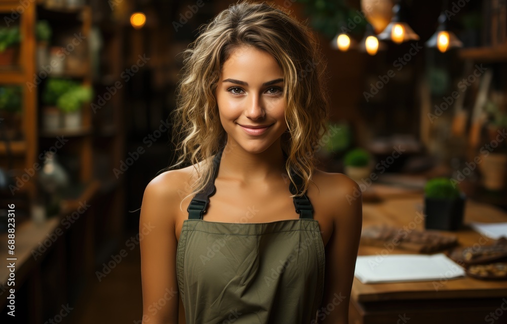 A fashionable lady with a warm smile, standing confidently in an indoor photo shoot, showcasing her long hair and stunning dress