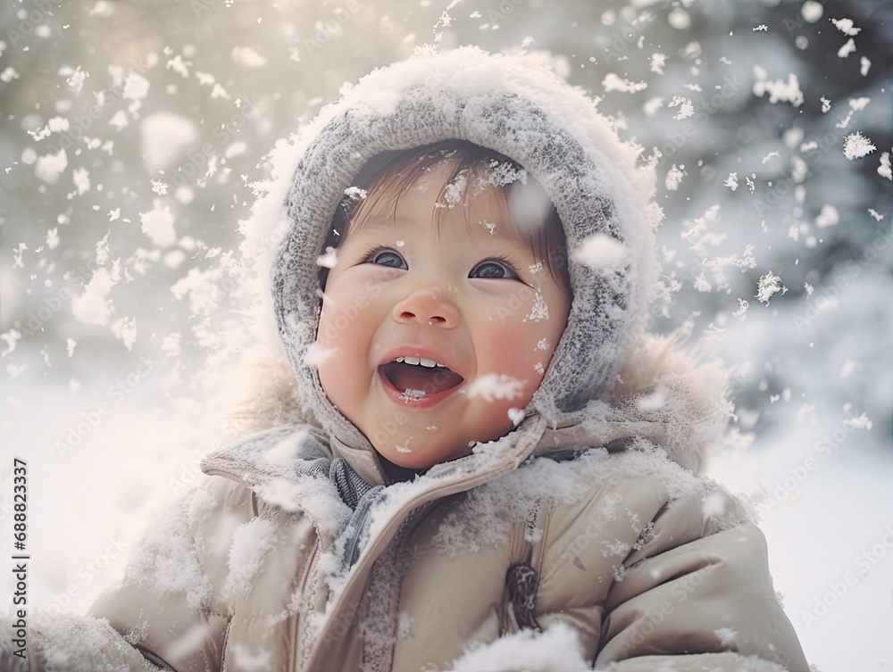 blushed cheeks asian toddler is very excited by his first snow blushed cheeks asian toddler is very excited by his first snow