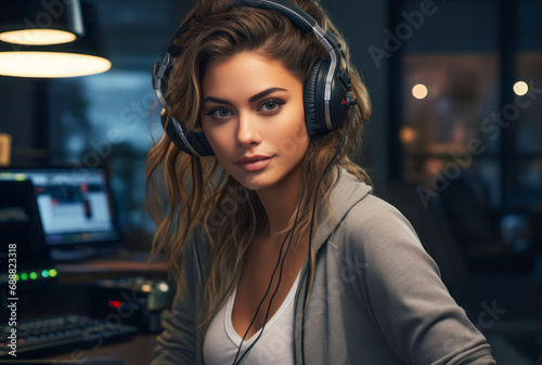 A woman with headphones is diligently working in a call center, providing assistance and support to customers. Role in the help and support service. © mimi