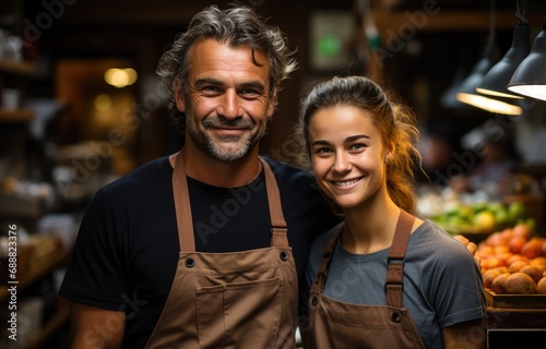 In a bustling indoor market, a smiling man and woman, dressed in brown aprons, stand proudly as they showcase their locally-sourced fruits and vegetables at their quaint shop, radiating warmth and we