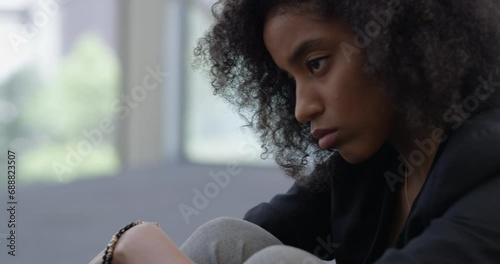 Depression, stress and sad woman at home with fear, overthinking or mental health crisis. Anxiety, trauma or lady person with mistake, regret or shame, abuse or insomnia from domestic violence horror