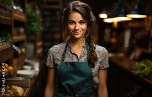 A beaming lady in a vibrant green apron poses gracefully in a stylish kitchen, exuding warmth and confidence with her genuine smile and fashionable dress